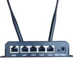 A 4G ipari router hátlapja WAN- és négy LAN-porttal, reset gombbal és tápcsatlakozóval