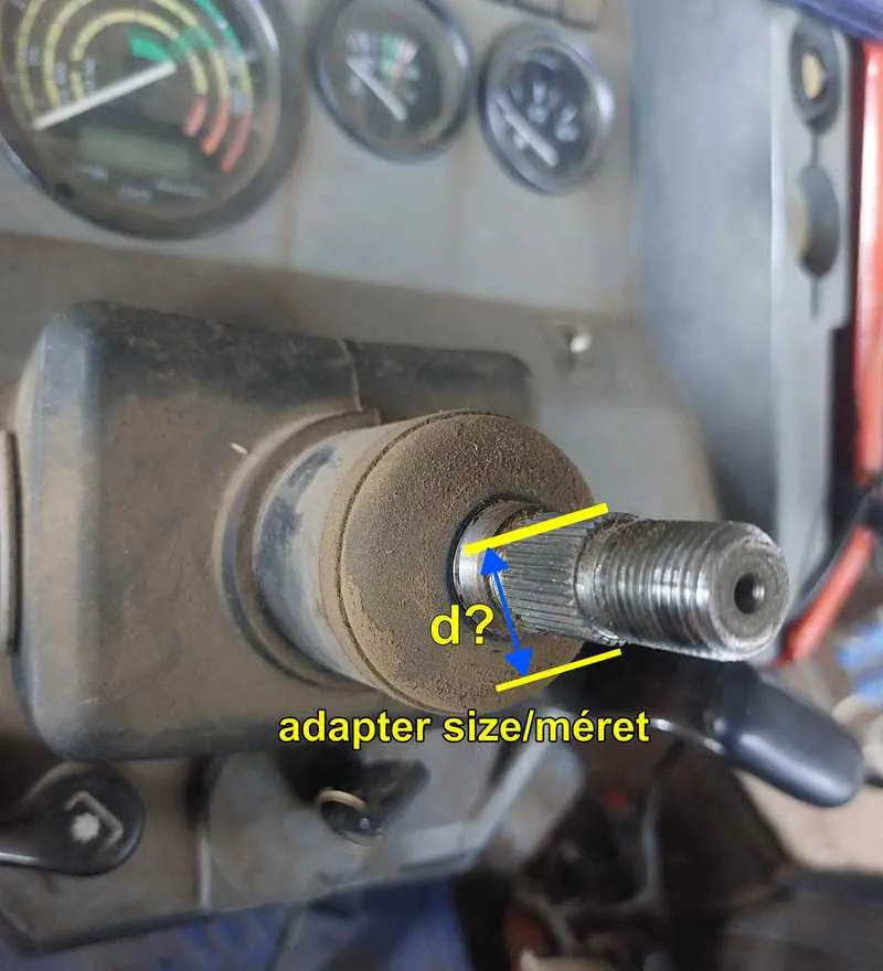 Traktor kormánytengelye a mérendő adapterméret (d) sárga jelölésével