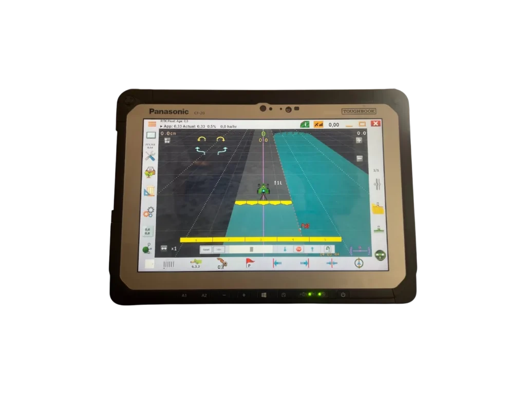 AgOpenGPS navigációs képernyőt mutató Panasonic Toughbook CF-20 tablet
