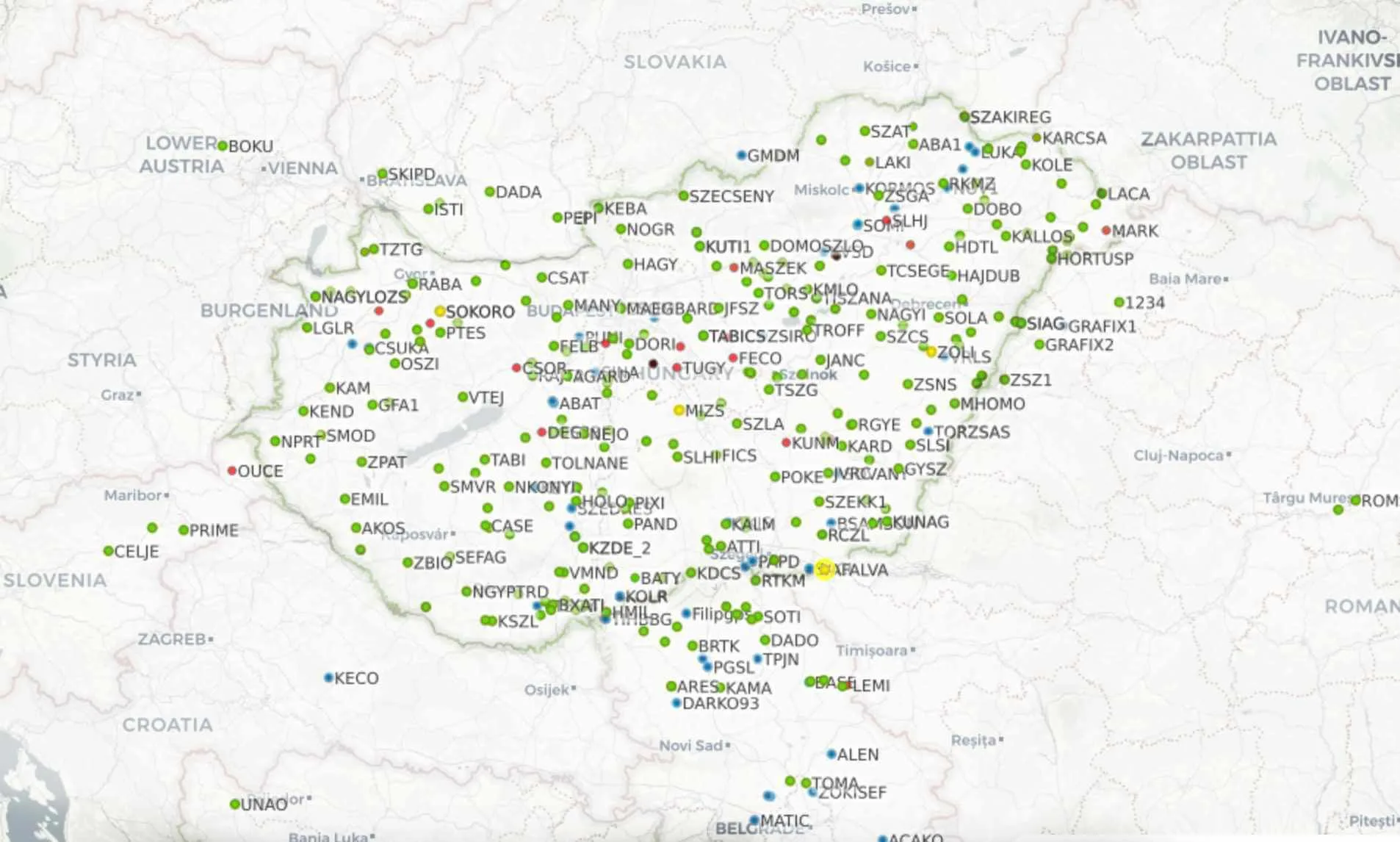 Magyarország térképe az AgOpen RTK bázisállomások helyével